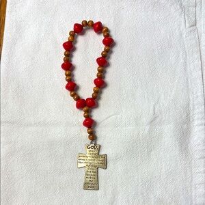 Red Beaded Rosary with Gold Cross Pendant / Serenity Prayer